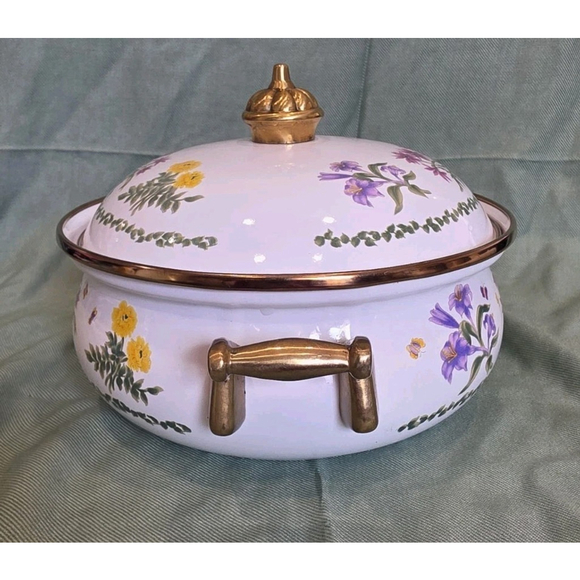 Vtg Lincoware Enamelware Brass Handles Dutch Oven Pot With Lid Flower Pattern - Picture 6 of 10